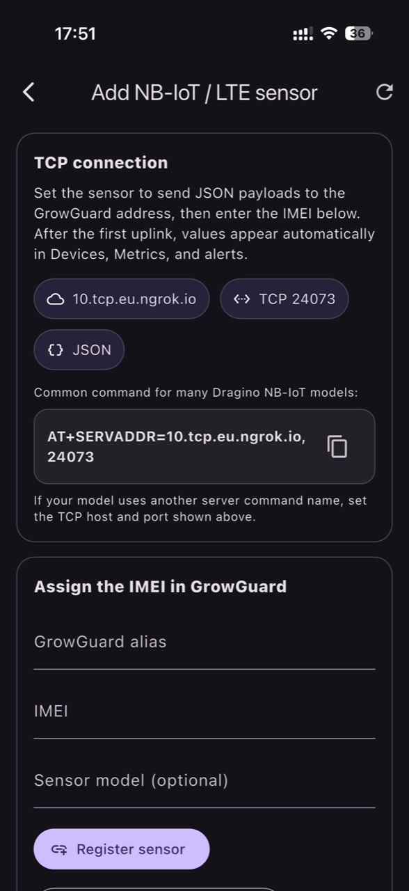 Add NB-IoT or LTE sensor through TCP