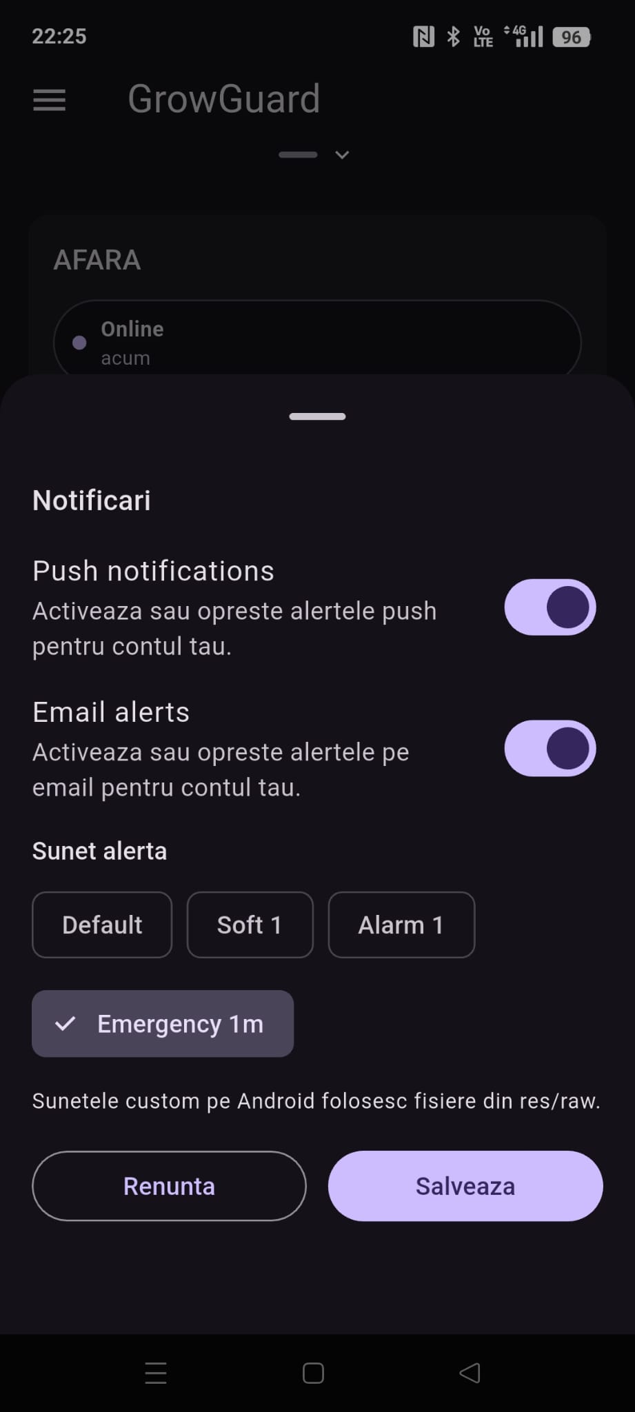 Setari notificari cu push, email si sunet de alerta